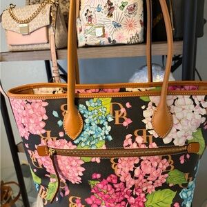 Dooney & Bourke Black Floral Logo Tote with Tan Trim